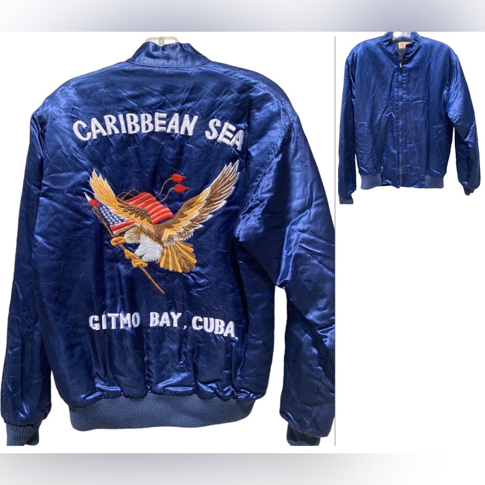 Vintage Gitmo Bay Cuba Satin Military Bomber Embroidery 60s Jacket Size M